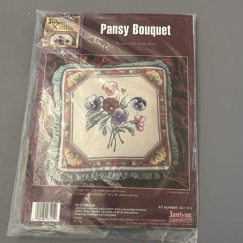 Stitch World Pansy Bouquet Pillow Cover Counted Cross Stitch Kit 13.5”x13.5” VTG